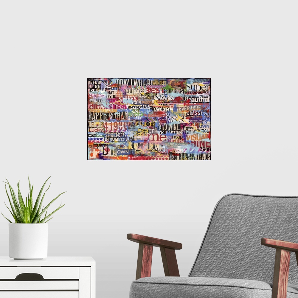 A modern room featuring Contemporary abstract painting using a collage of different print clippings and paint textures.