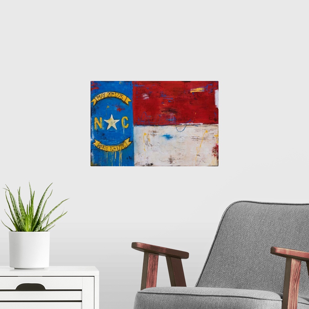 A modern room featuring North Carolina Flag