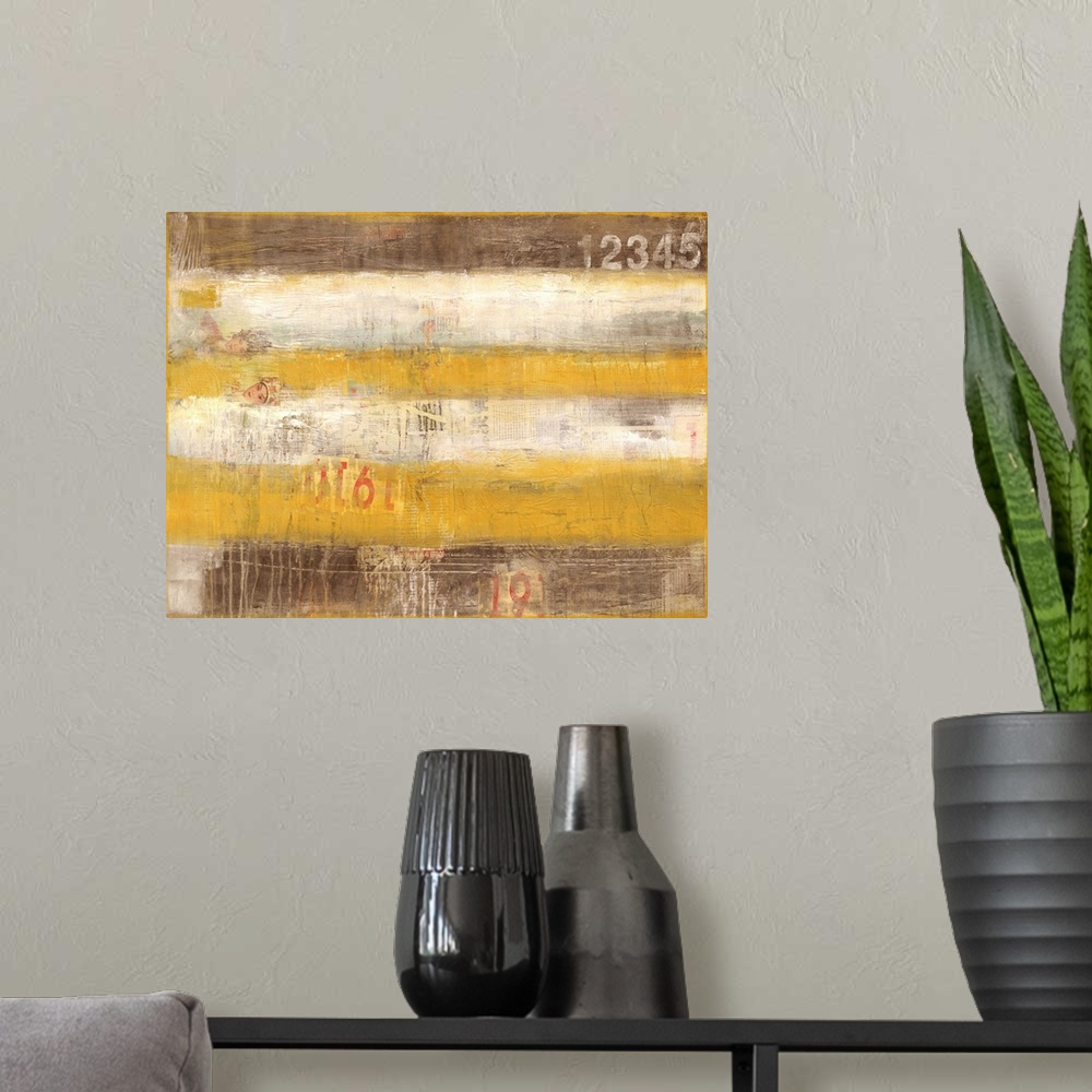 A modern room featuring A contemporary abstract painting using earthy tones.
