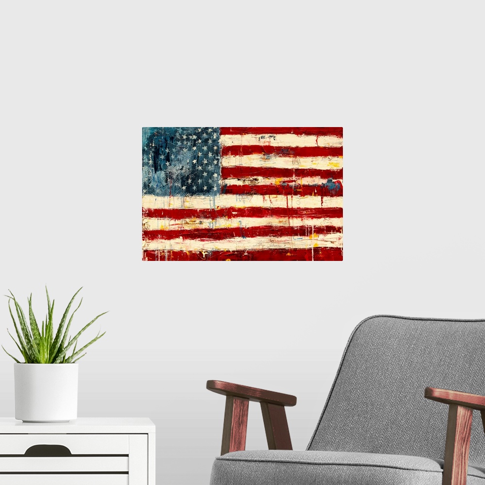 A modern room featuring US Flag
