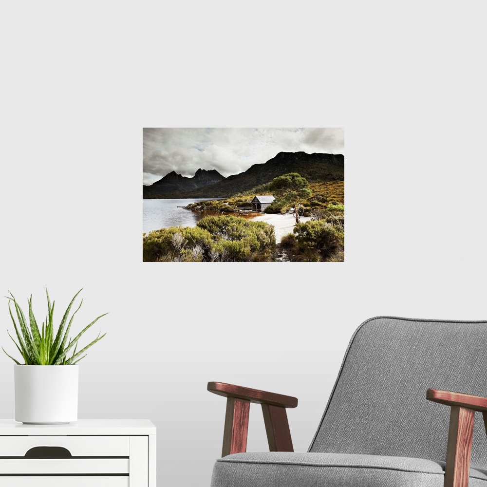 A modern room featuring Australia, Tasmania, Cradle Mountain and a boat shelter on Dove Lake