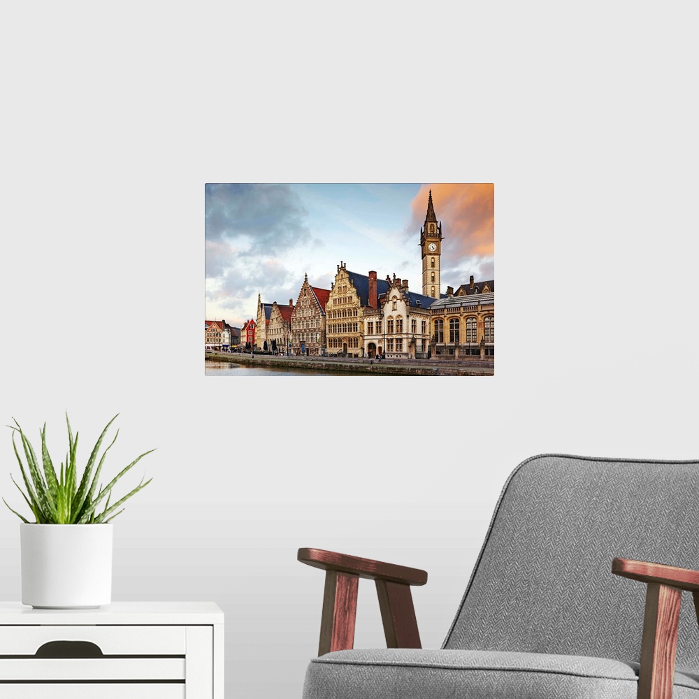 A modern room featuring Belgium, Flanders, Benelux, Ghent, Leie River and guild houses, Graslei Street.