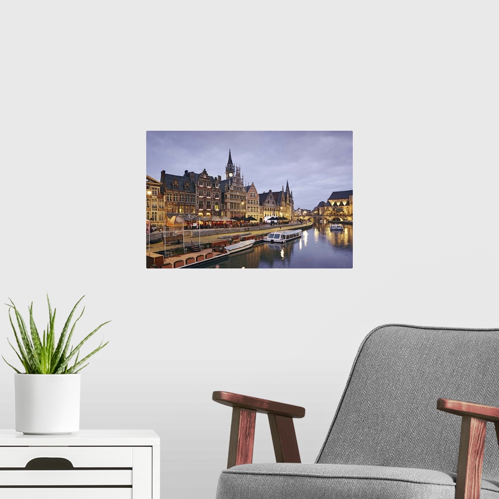 A modern room featuring Belgium, Flanders, Benelux, Ghent, Leie River and guild houses, Graslei Street.