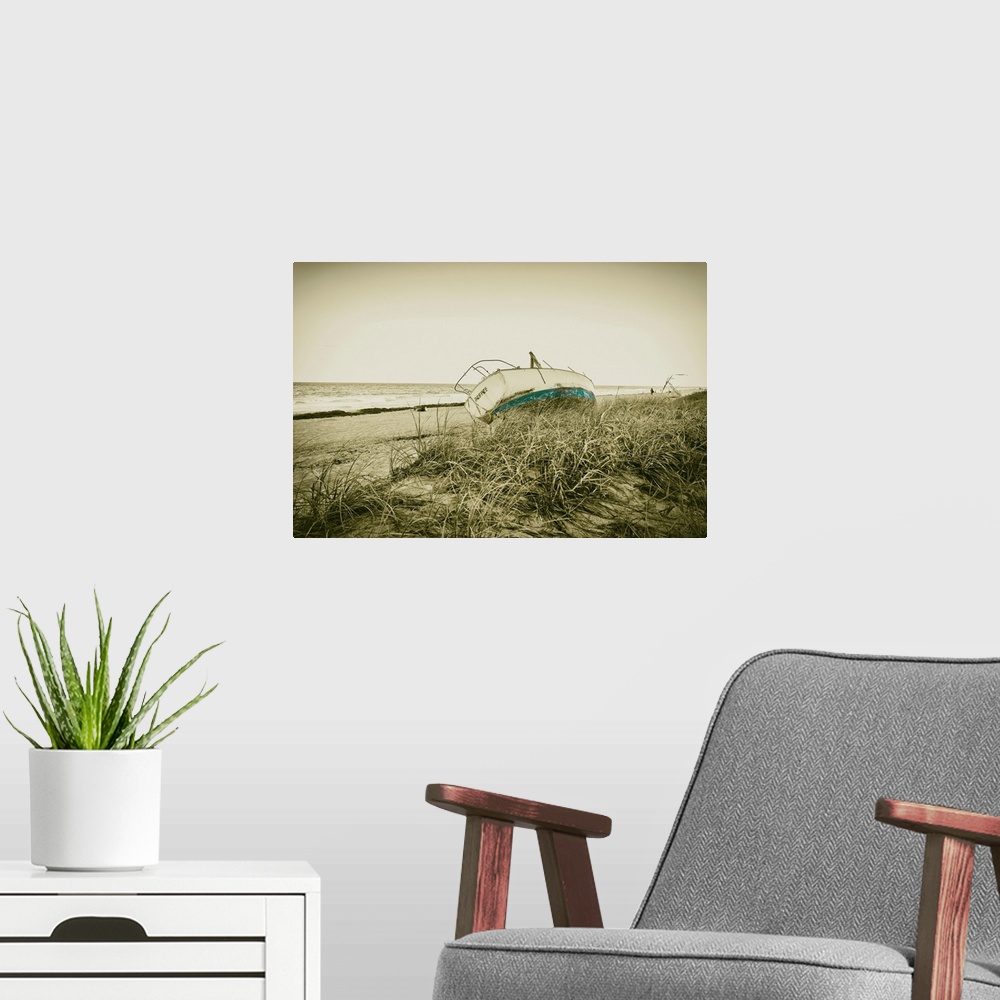 A modern room featuring Boat wreck on beach.