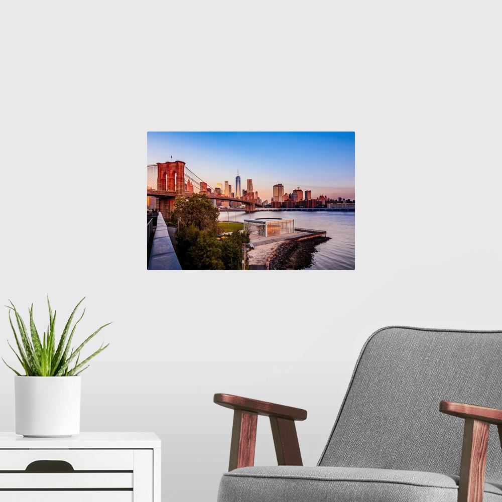 A modern room featuring USA, New York City, Brooklyn, Dumbo, Brooklyn Bridge Park, View of Lower Manhattan skyline with t...