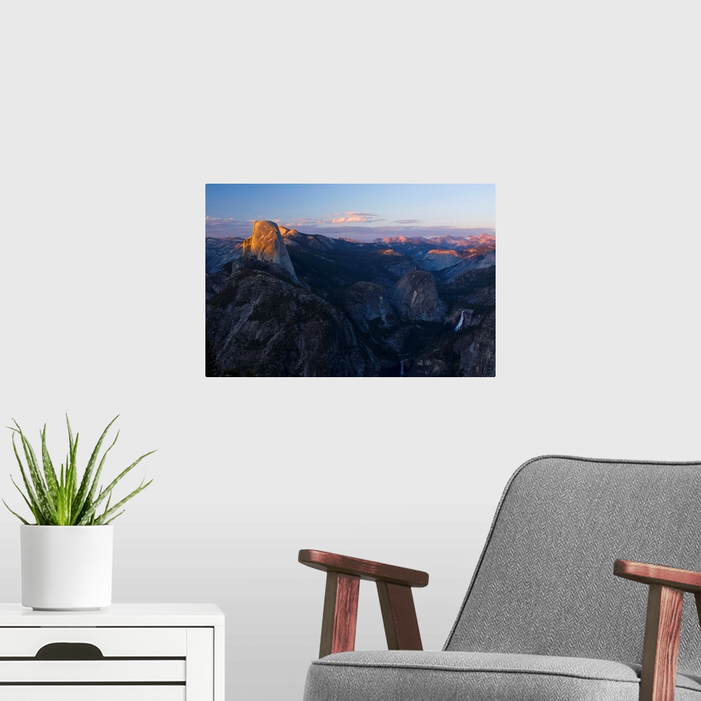 A modern room featuring USA, California, Yosemite National Park, Sunset to the Half Dome from Glacier Point.