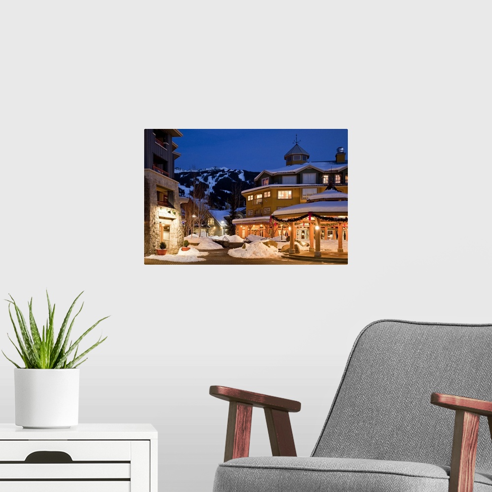 A modern room featuring Canada, British Columbia, Whistler village at dusk