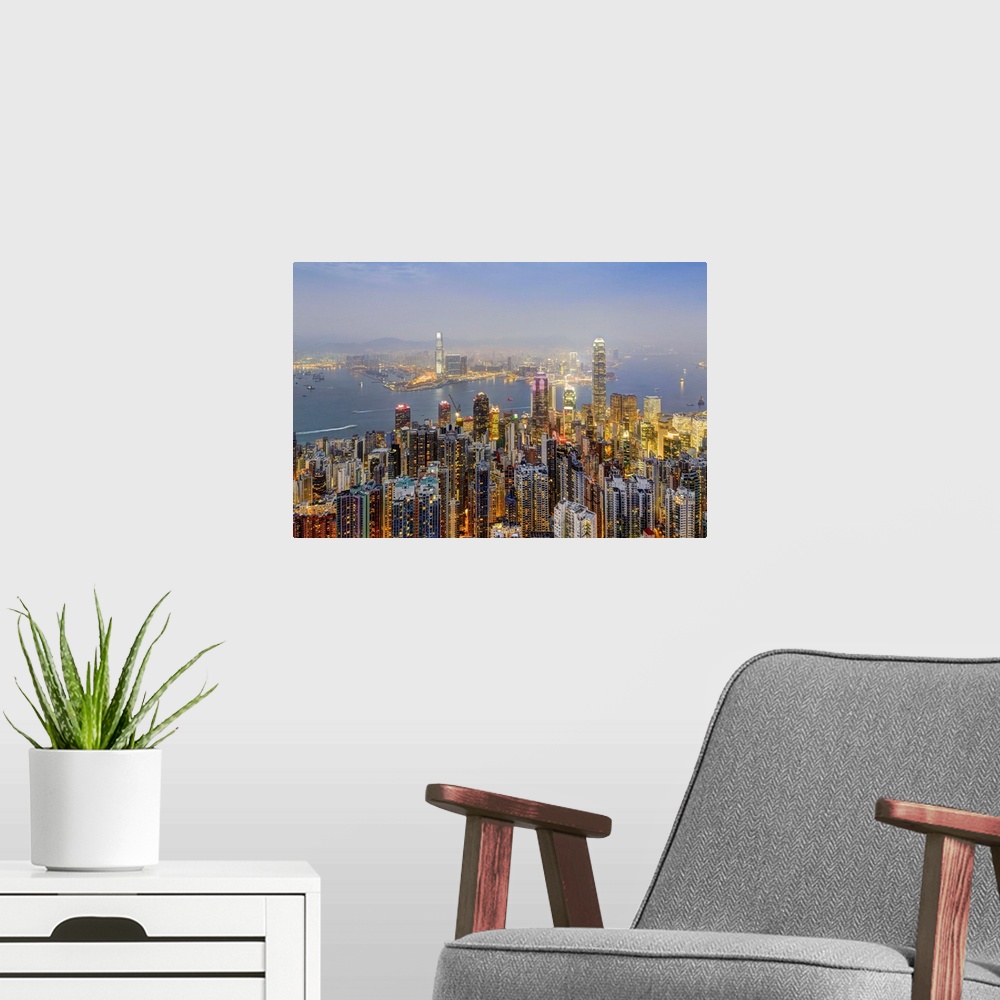 A modern room featuring China, Hong Kong, Hong Kong island, View from Victoria Peak, City Skyline and Victoria Harbor.