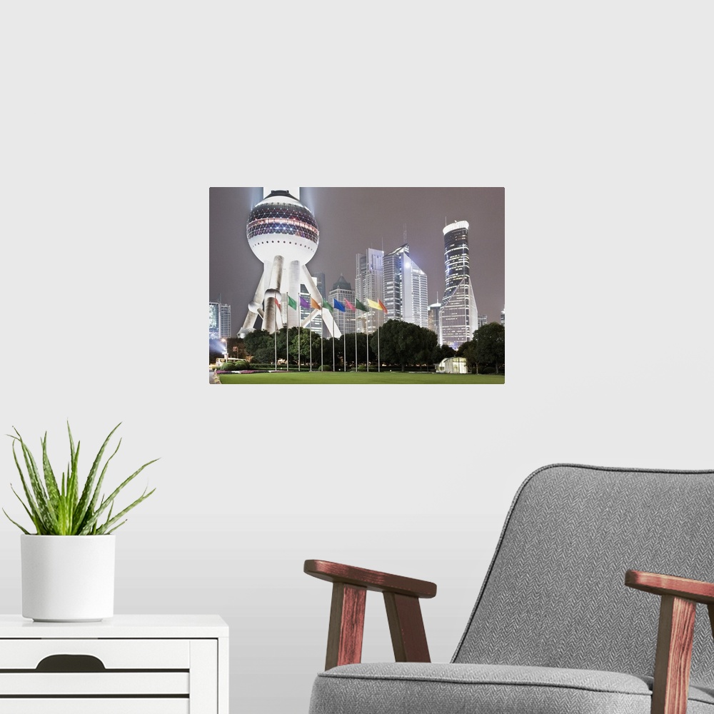 A modern room featuring China, Shanghai, Pudong, Oriental Pearl Tower, Tower and Pudong district buildings