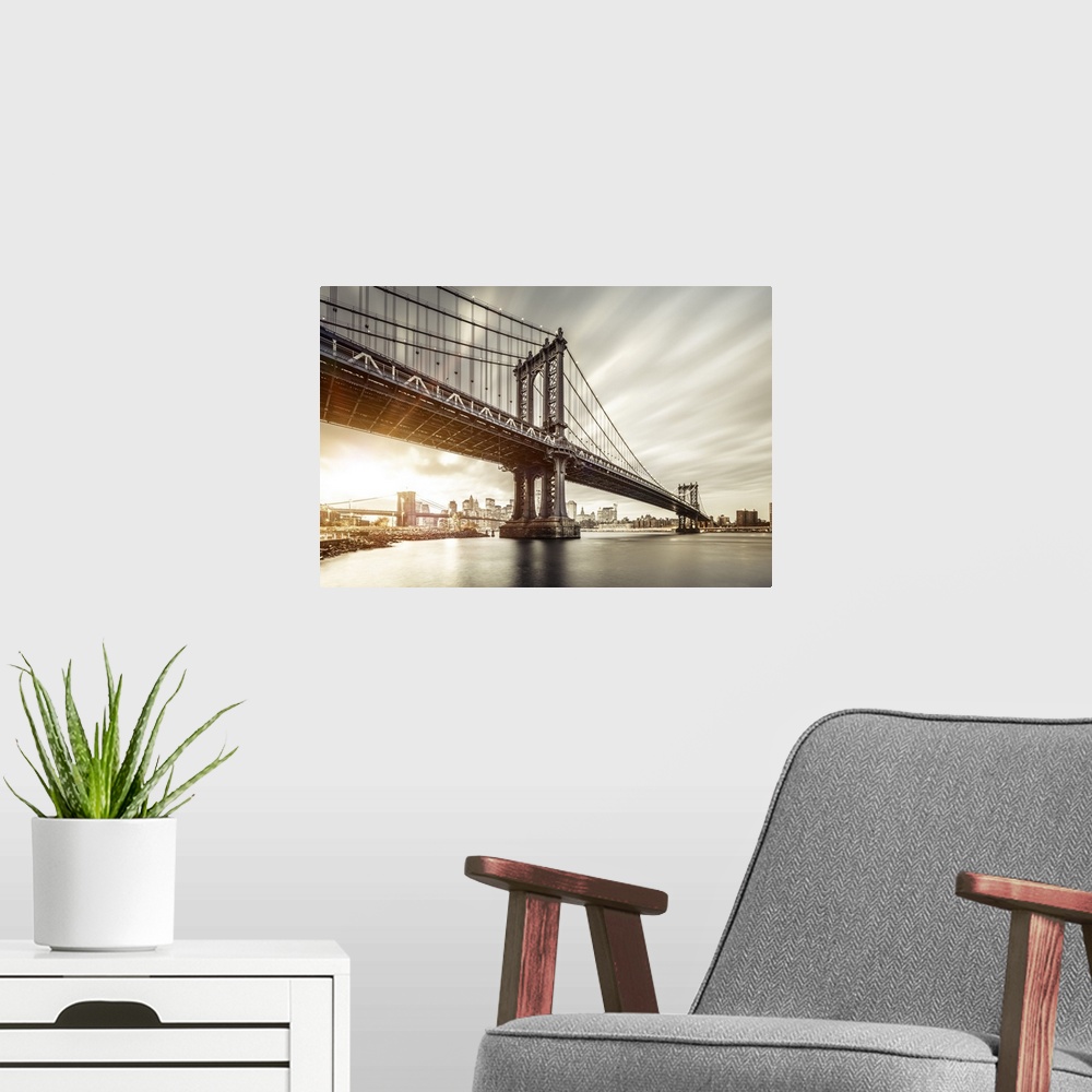 A modern room featuring USA, New York City, East River, Manhattan, Lower Manhattan, Manhattan Bridge, Brooklyn Bridge and...