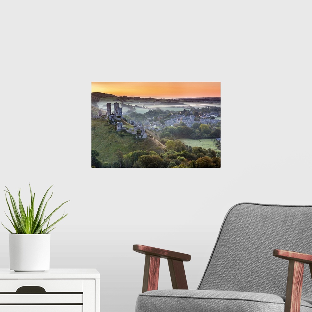 A modern room featuring UK, England, Great Britain, Dorset, Sunrise over Corfe Castle in Purbeck Island.