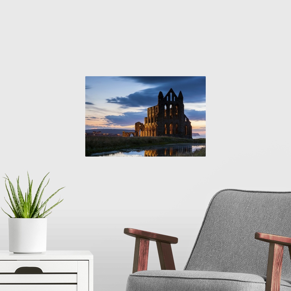 A modern room featuring UK, England, Great Britain, North Yorkshire, Whitby, Abbey at night.