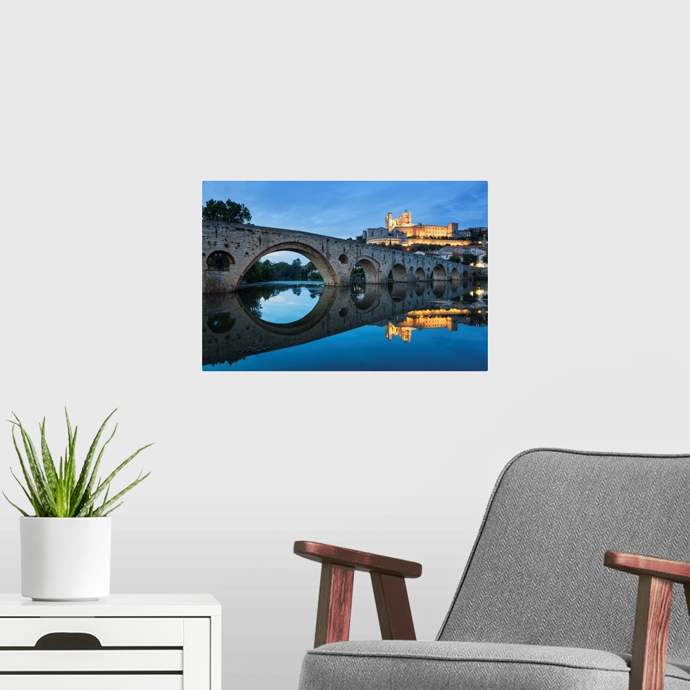 A modern room featuring France, Occitanie, Beziers, Herault, Canal du Midi, Cathedral of Saint-Nazaire and the old bridge...