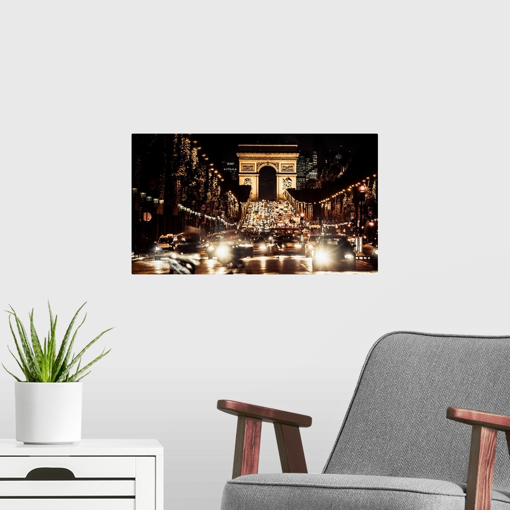 A modern room featuring France, Paris, Arc de Triomphe, The avenue Champs-elysees and the Arc de Triomphe at night.