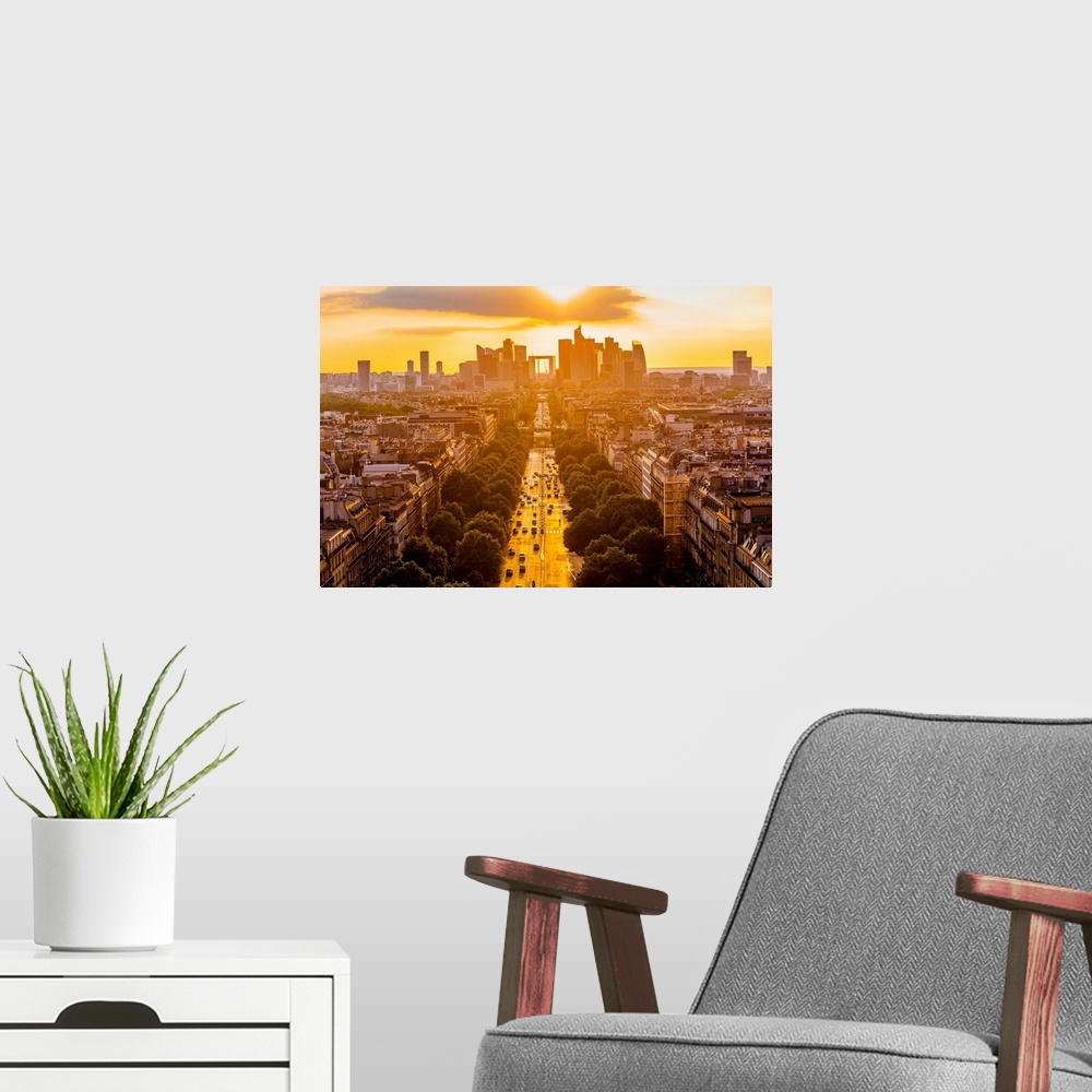 A modern room featuring France, Paris, Champs-Elysees, La Defense in the background.