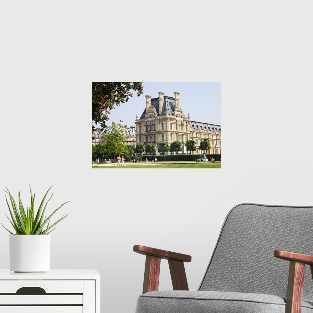 A modern room featuring France, Ile-de-France, Paris, Musee du Louvre, View from Jardins de Tuileries