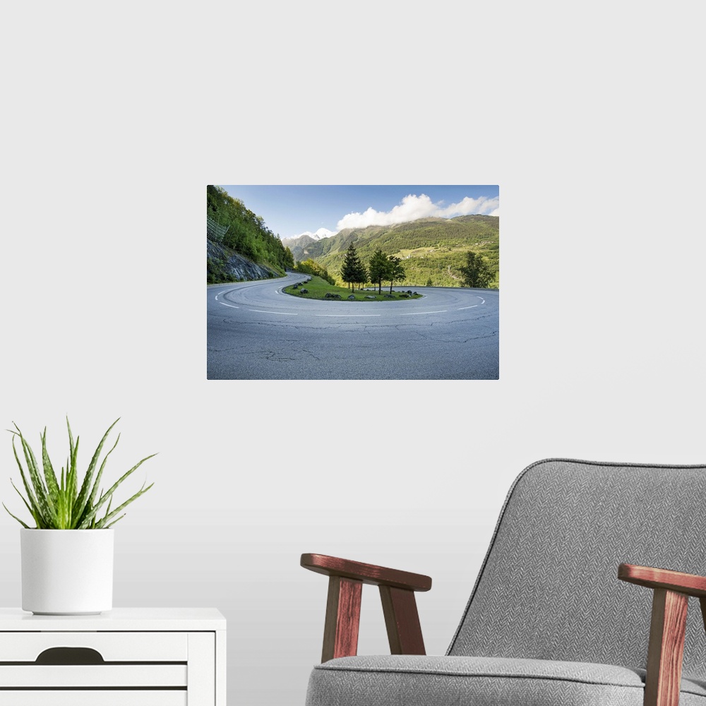 A modern room featuring France, Rhone-Alpes, Bourg-Saint-Maurice, Winding road to the Col D'Iseran summit.