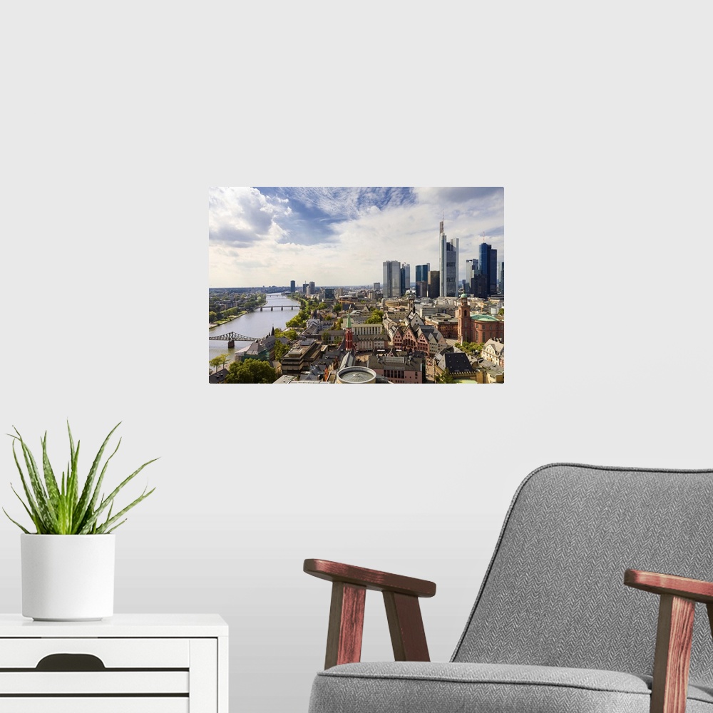 A modern room featuring Germany, Hessen, Frankfurt am Main, View of the city with Main river, R..merhof, Paulskirche and ...