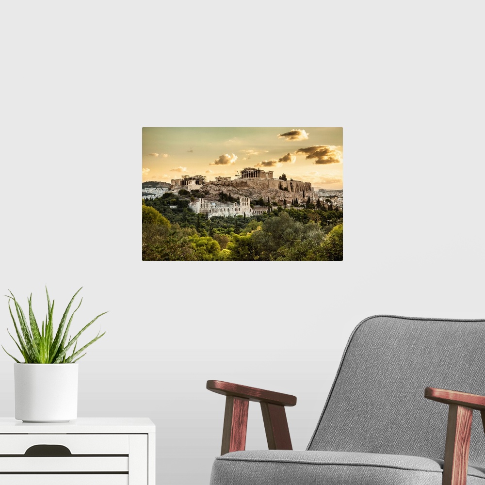 A modern room featuring Greece, Athens, The Acropolis at sunrise.