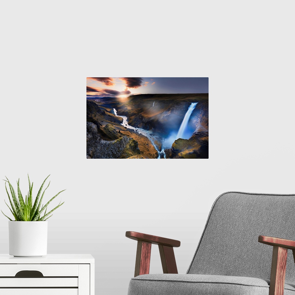 A modern room featuring Iceland, South Iceland, View of the Haifoss waterfall, one of the most beautiful attractions of t...