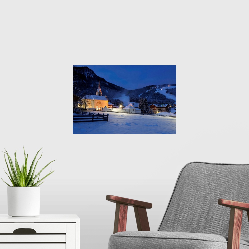 A modern room featuring Italy, Alps, Pusteria Valley, San Vigilio di Marebbe, View with the main church at dawn