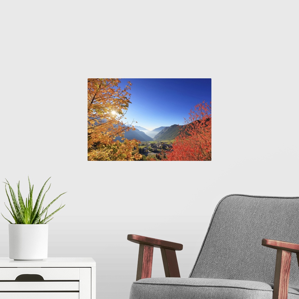 A modern room featuring Italy, Aosta Valley, Aosta district, Valtournenche, Torgnon, Alps, Autumn morning.
