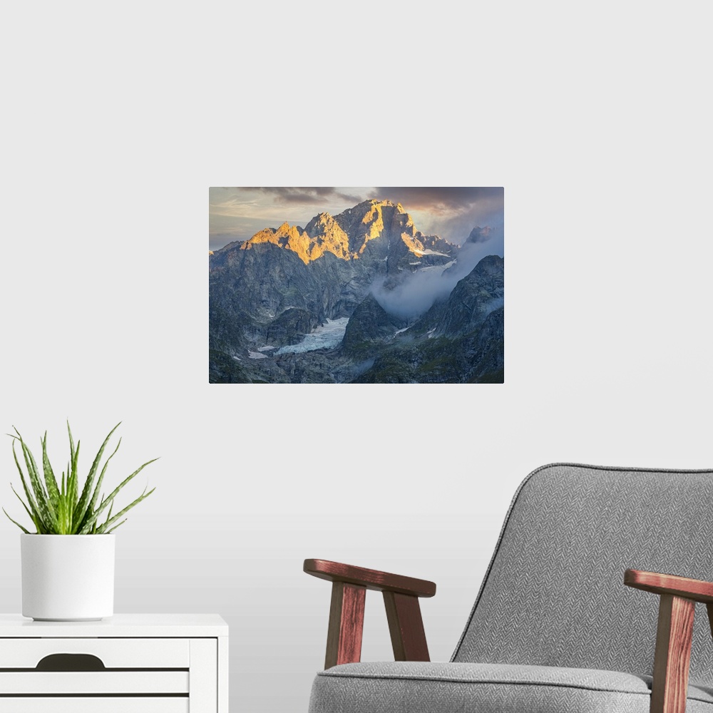 A modern room featuring Italy, Aosta Valley, Aosta district, Courmayeur, Val Ferret, Alps, Mont Blanc Mountain (4810m), M...