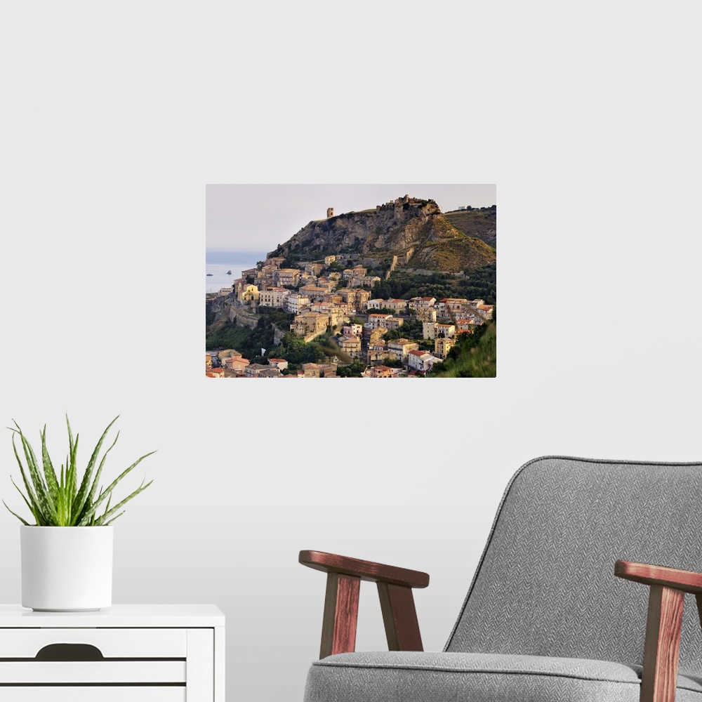 A modern room featuring Italy, Calabria, Mediterranean sea, Tyrrhenian coast, Cosenza district, Amantea, Old town at morning