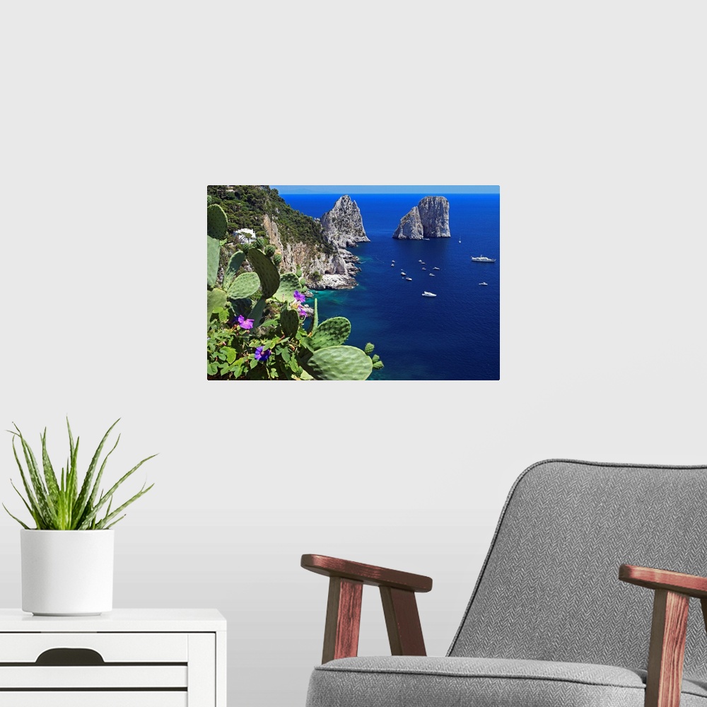 A modern room featuring Italy, Campania, Mediterranean sea, Tyrrhenian coast, Napoli district, Capri, The Faraglioni
