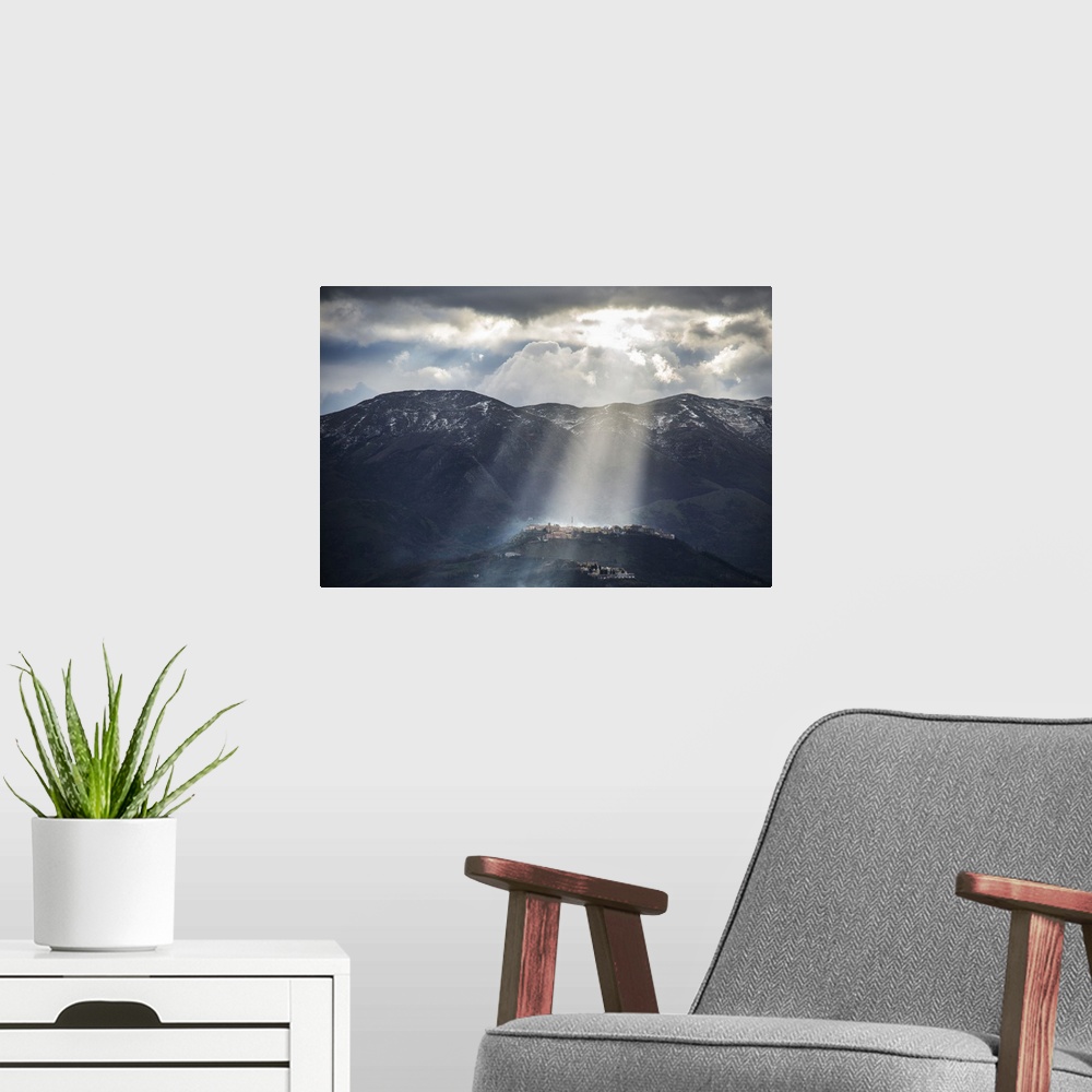 A modern room featuring Italy, Campania, Salerno district, Cilento, Teggiano, Ray of light on Teggiano