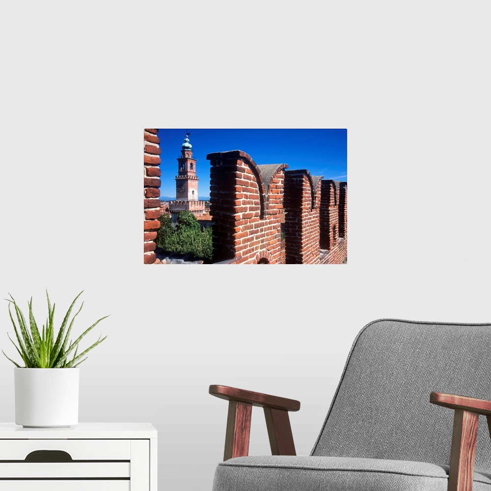 A modern room featuring Italy, Lombardy, view from the castle towards Torre del Bramante
