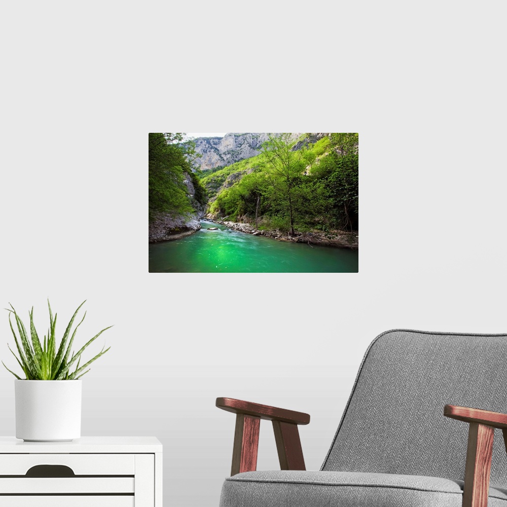 A modern room featuring Italy, Marches, Ancona district, Genga, Esino river running through the mountains