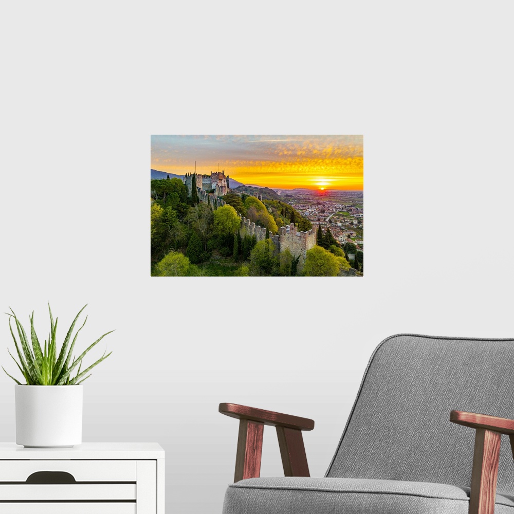 A modern room featuring Italy, Veneto, Vicenza district, Marostica, Aerial view of the Castle and the walled city of Maro...