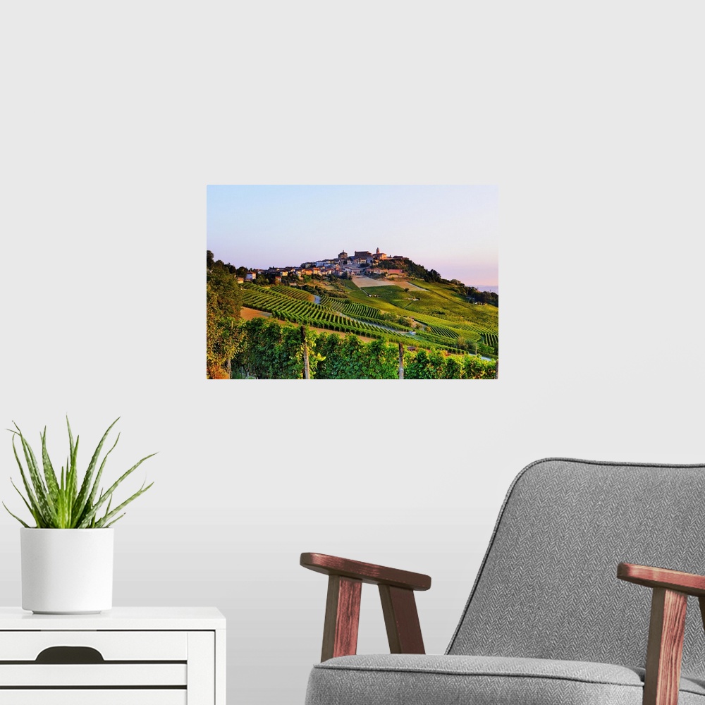 A modern room featuring Italy, Piedmont, Cuneo district, Langhe, La Morra, Village and vineyards