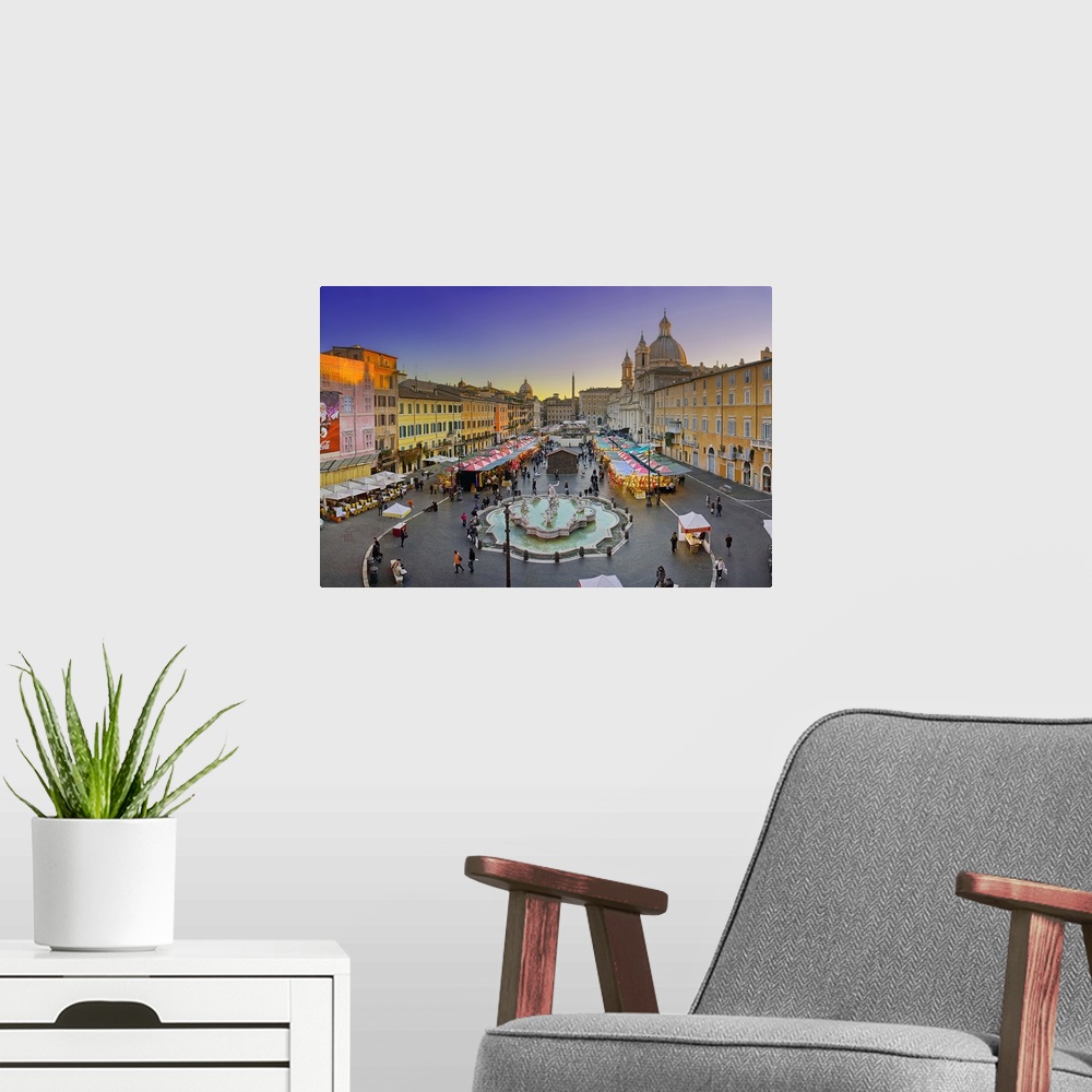 A modern room featuring Italy, Rome, Christmas fair at dusk, overview