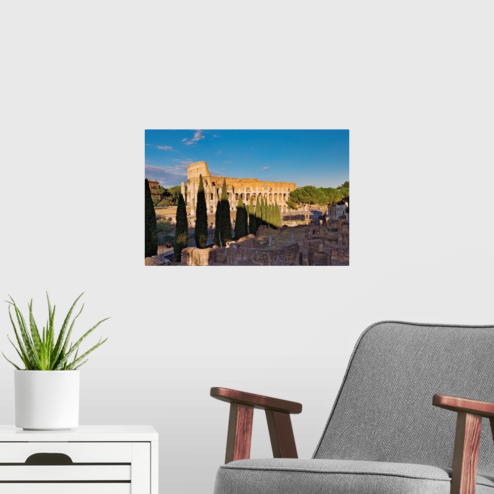 A modern room featuring Veduta del Colosseo dall'arco di Settimio Severo con in primo piano la via Sacra e le rovine del ...