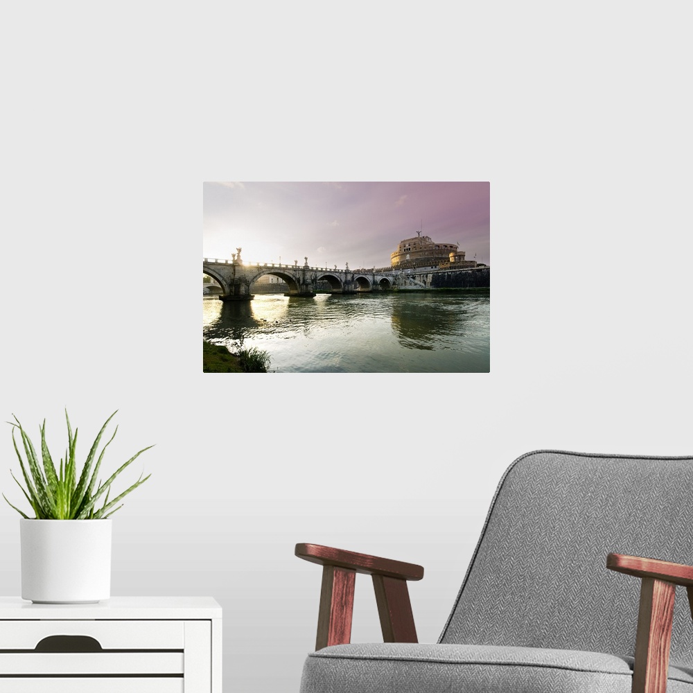 A modern room featuring Italy, Rome, Mausoleum of Hadrian, Mediterranean area, Roma district, sunset on Tevere