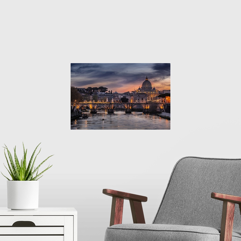 A modern room featuring Italy, Rome, St Peter's Basilica, Tiber, Basilica and Ponte Sant'Angelo on the Tiber river.