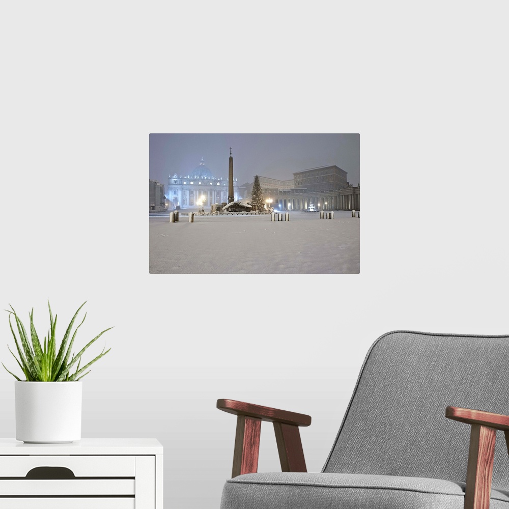A modern room featuring Italy, Rome, St Peter's Basilica, Night view of the Square with snow.