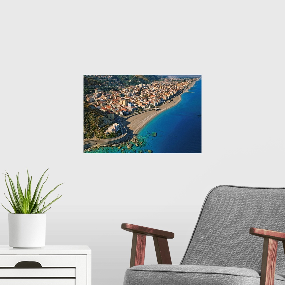 A modern room featuring Italy, Sicily, Aerial view of Capo d'Orlando, beach and lighthouse