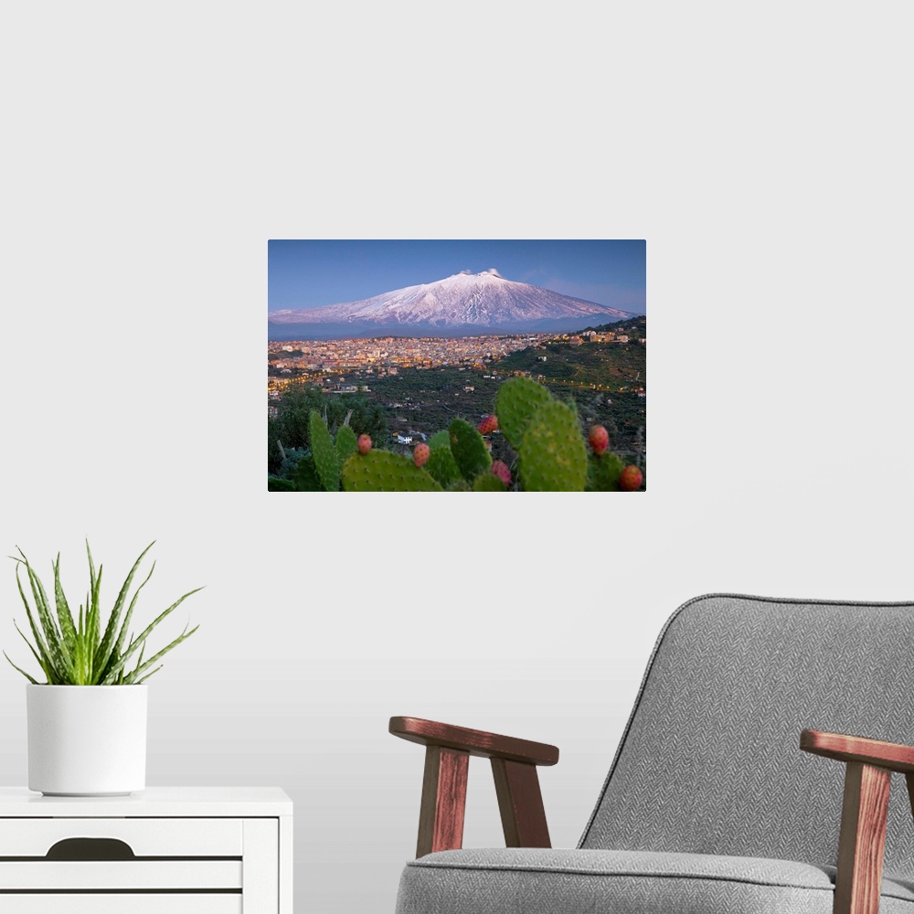 A modern room featuring Italy, Sicily, Mediterranean area, Catania district, Bronte, View towards Mount Etna