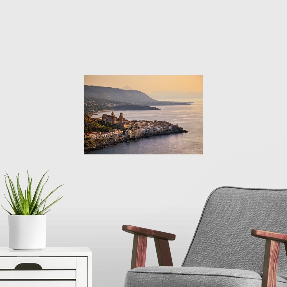 A modern room featuring Italy, Sicily, Mediterranean sea, Palermo district, Cefalu, Aerial view