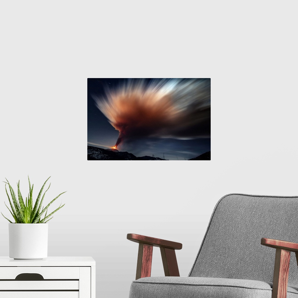 A modern room featuring Italy, Sicily, Messina district, Mount Etna, Etna volcano eruption.