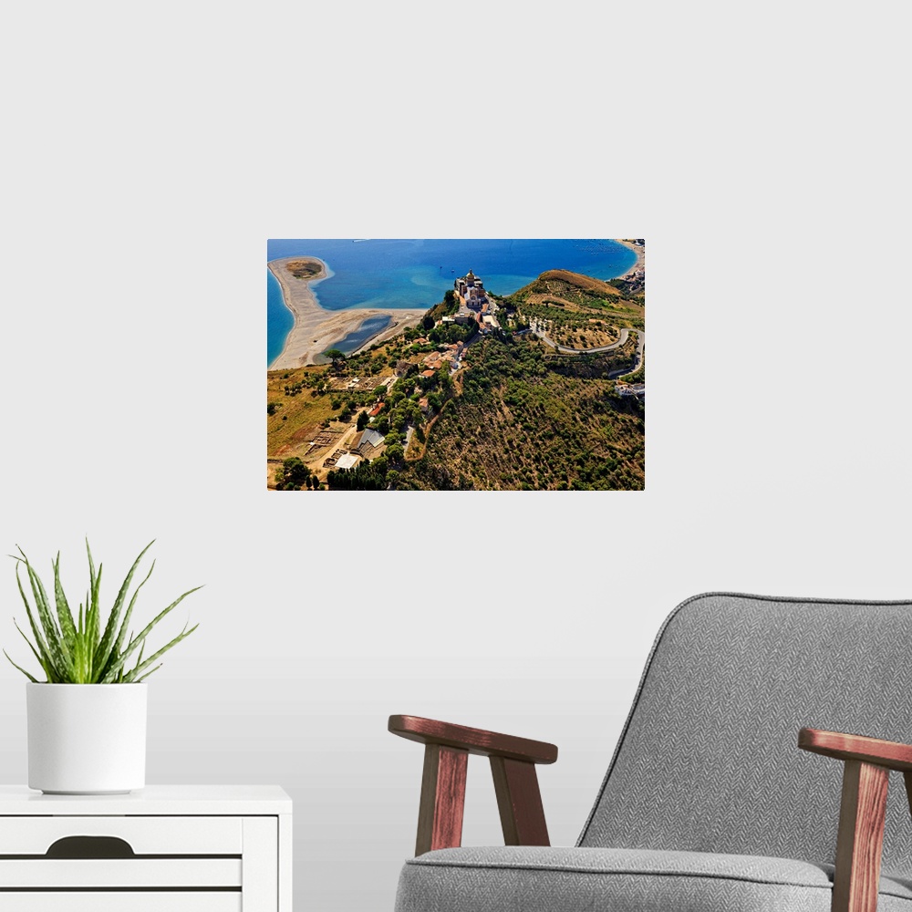 A modern room featuring Italy, Sicily, Messina district, Tindari, Aerial view, town, lakes and Greek Theatre