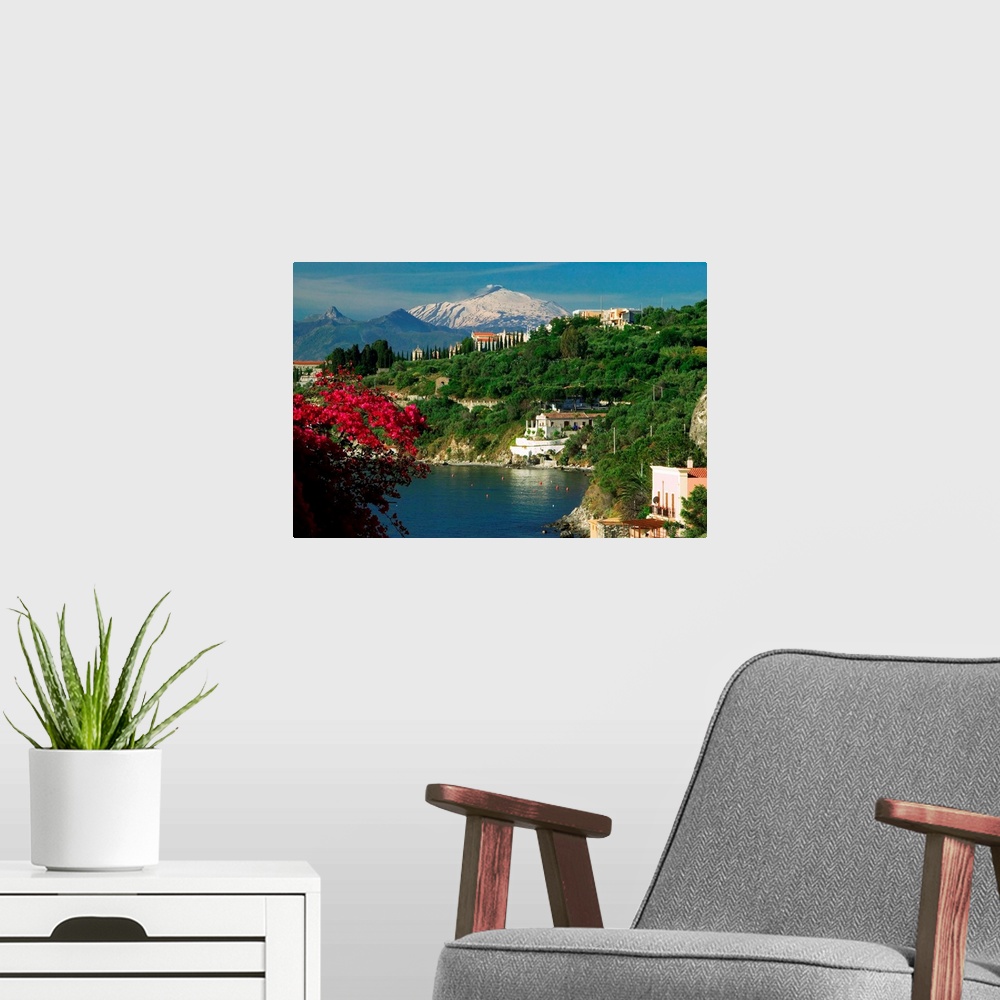 A modern room featuring Italy, Italia, Sicily, Sicilia, Milazzo seafront and Monte Etna in background