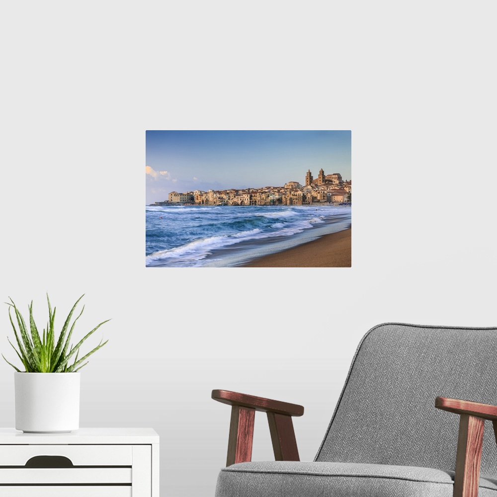 A modern room featuring Italy, Sicily, Palermo district, Cefalu, village with his Cathedral.