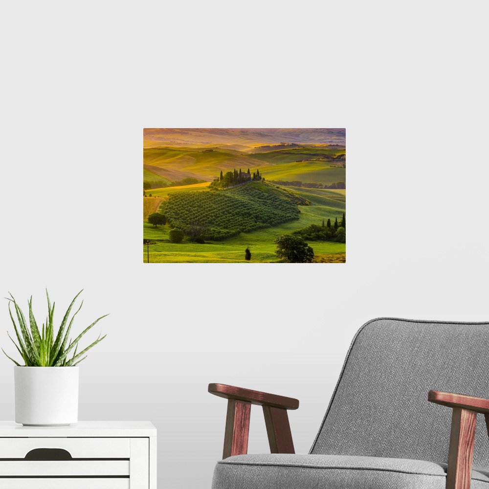 A modern room featuring Italy, Tuscany, Siena district, Orcia Valley, San Quirico d'Orcia, Podere Belvedere, typical farm...