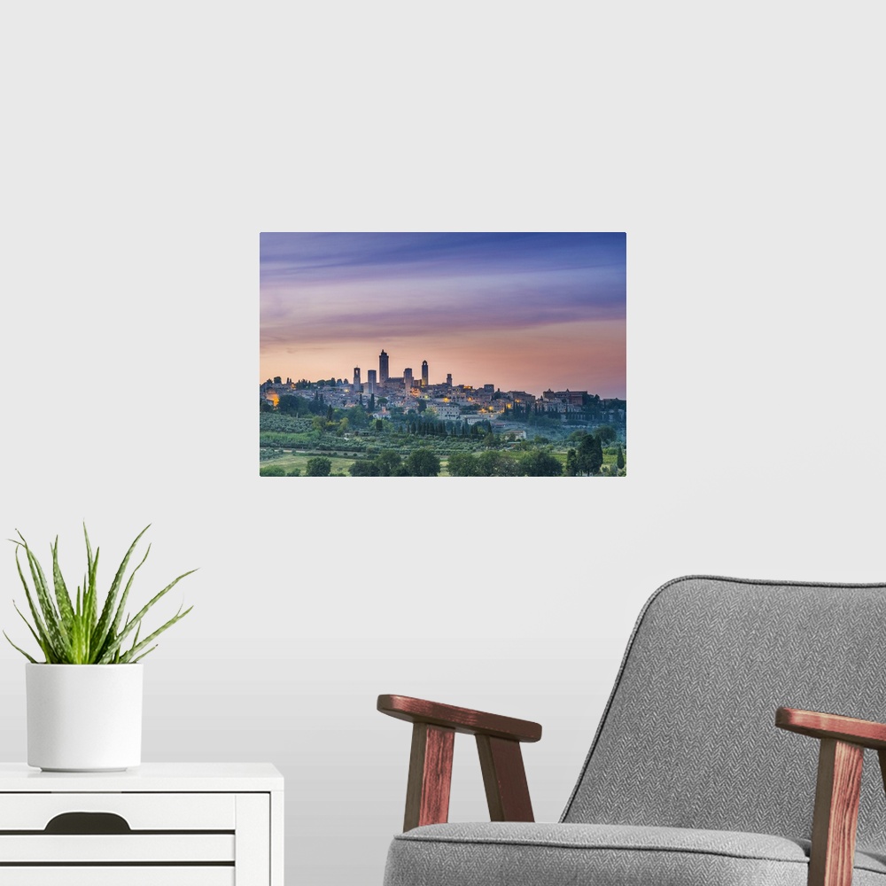 A modern room featuring Italy, Tuscany, Siena district, Val d'Elsa, San Gimignano, View of San Gimignano