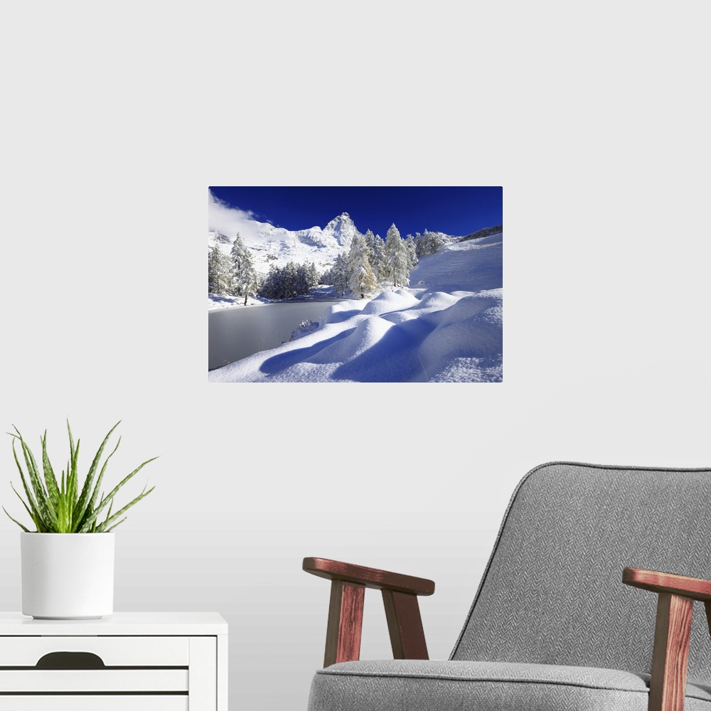 A modern room featuring Italy, Aosta Valley, Alps, Mediterranean area, Aosta district, Valtournenche, Lake Blue (near Bre...