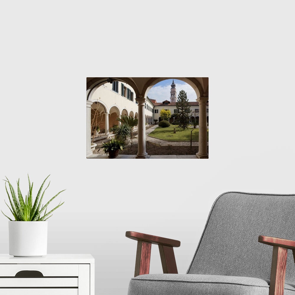 A modern room featuring Italy, Veneto, Venice, San Lazzaro island, cloister and bell tower of the Mechitar Abbey